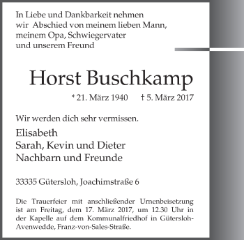 Traueranzeige von Horst Buschkamp von Neue Westfälische