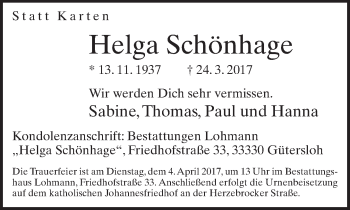 Traueranzeige von Helga Schönhage von Neue Westfälische
