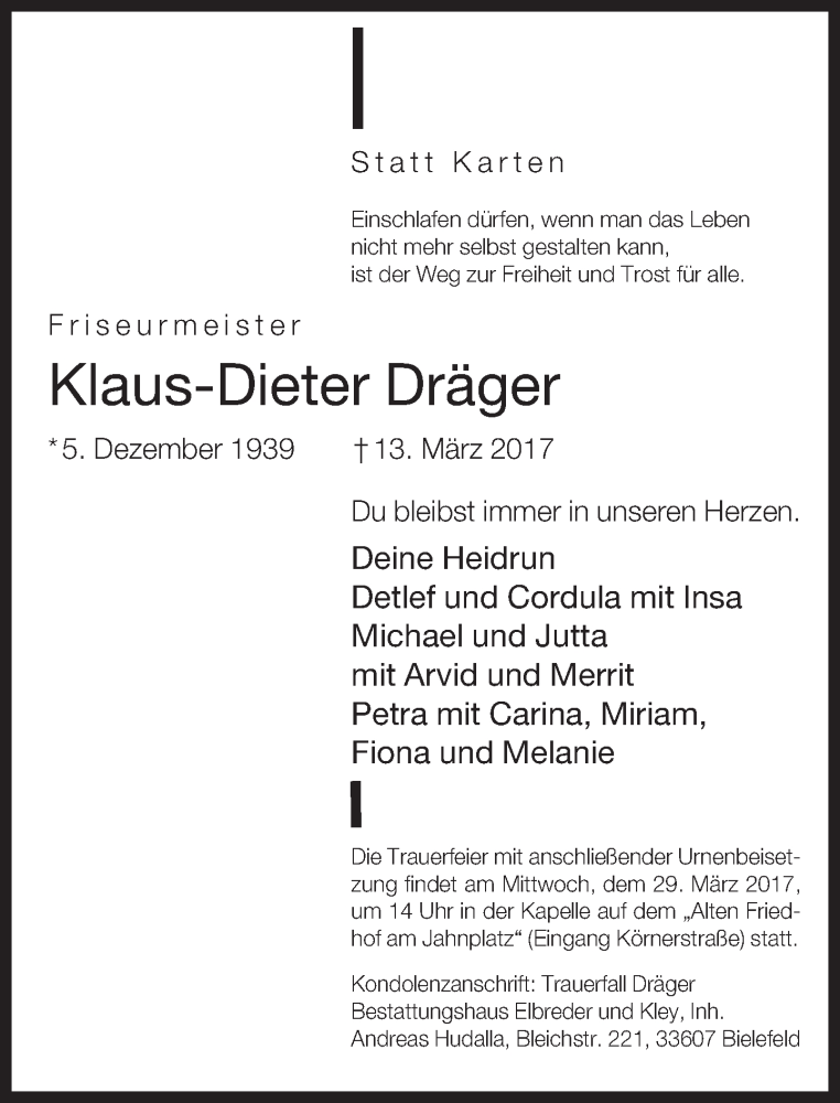  Traueranzeige für Klaus-Dieter Dräger vom 18.03.2017 aus Neue Westfälische