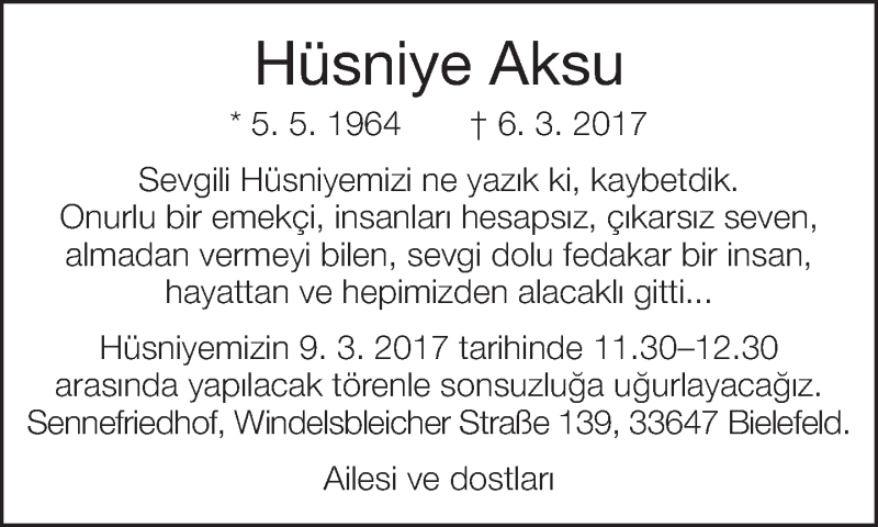 Traueranzeige für Hüsniye Aksu vom 09.03.2017 aus Neue Westfälische