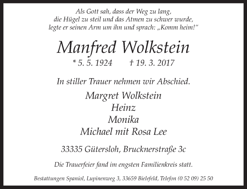 Traueranzeige für Manfred Wolkstein vom 25.03.2017 aus Neue Westfälische