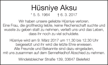 Traueranzeige von Hüsniye Aksu von Neue Westfälische
