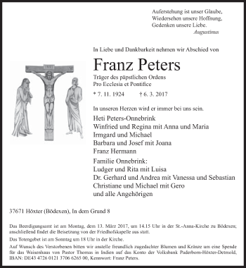 Traueranzeige von Franz Peters von Neue Westfälische