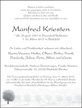 Traueranzeige von Manfred Kriesten von Neue Westfälische