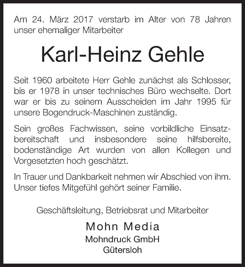  Traueranzeige für Karl-Heinz Gehle vom 30.03.2017 aus Neue Westfälische