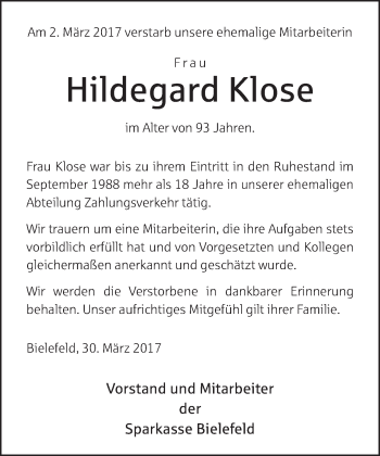 Traueranzeige von Hildegard Klose von Neue Westfälische