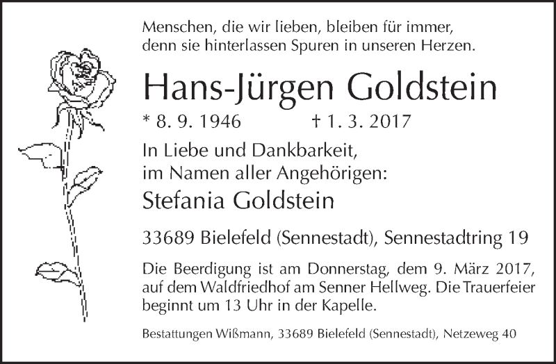  Traueranzeige für Hans-Jürgen Goldstein vom 06.03.2017 aus Neue Westfälische
