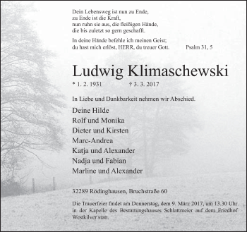 Traueranzeige von Ludwig Klimaschewski von Neue Westfälische