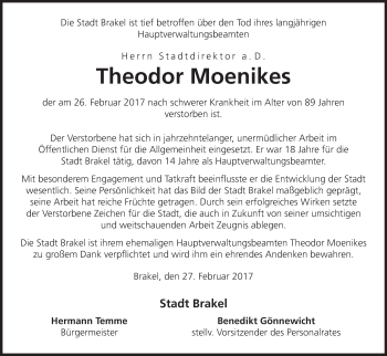 Traueranzeige von Theodor Moenikes von Neue Westfälische