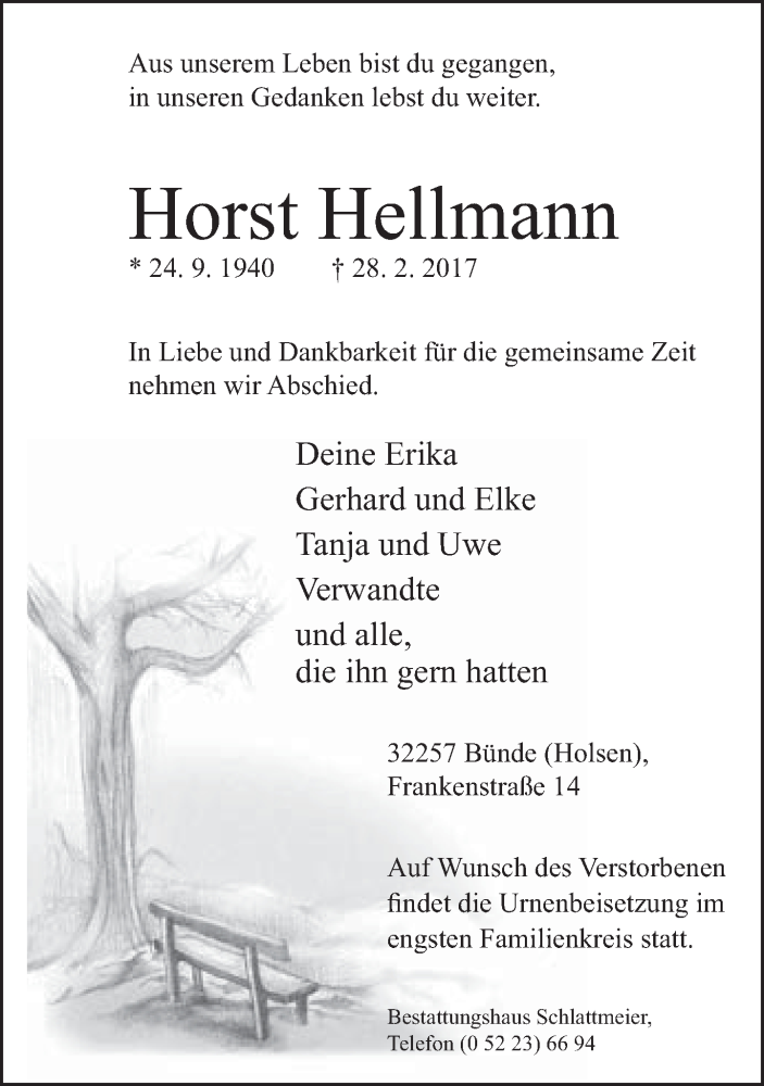  Traueranzeige für Horst Hellmann vom 07.03.2017 aus Neue Westfälische