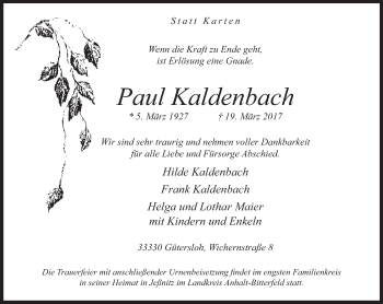 Traueranzeige von Paul Kaldenbach von Neue Westfälische