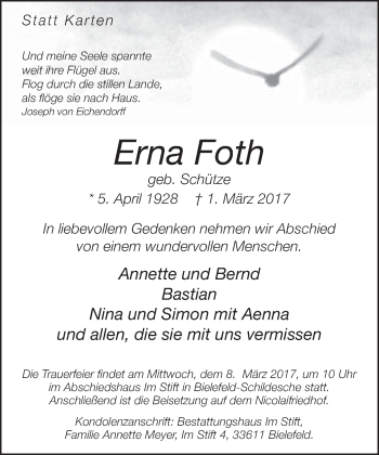 Traueranzeige von Erna Foth von Neue Westfälische