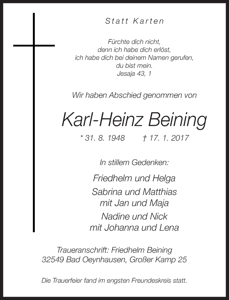  Traueranzeige für Karl-Heinz Beining vom 29.03.2017 aus Neue Westfälische
