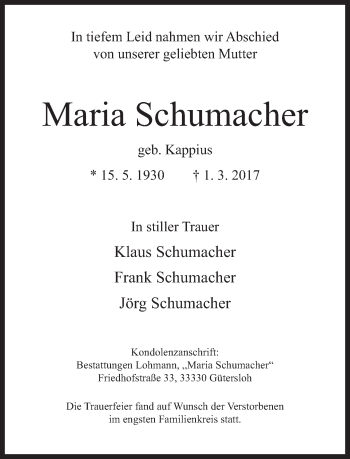 Traueranzeige von Maria Schumacher von Neue Westfälische