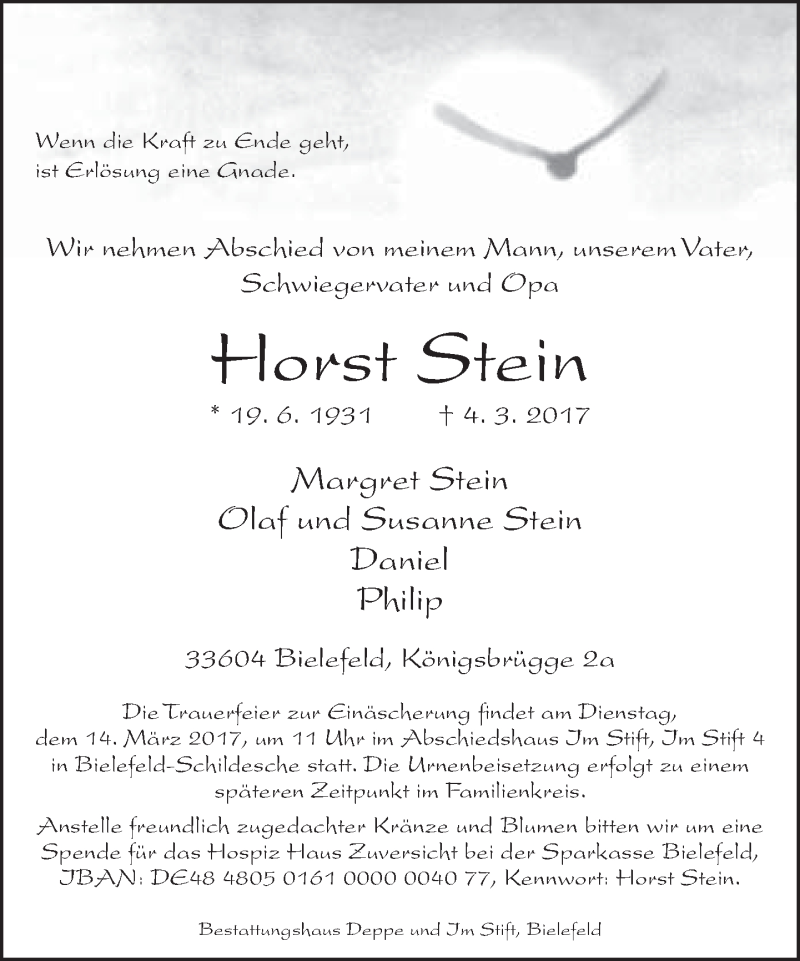  Traueranzeige für Horst Stein vom 09.03.2017 aus Neue Westfälische
