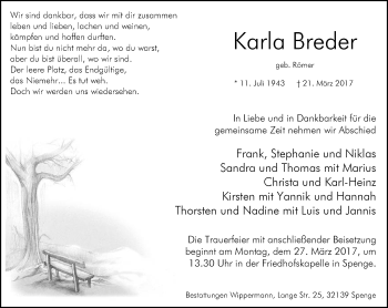Traueranzeige von Karla Breder von Neue Westfälische