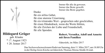 Traueranzeige von Hildegard Gröger von Neue Westfälische
