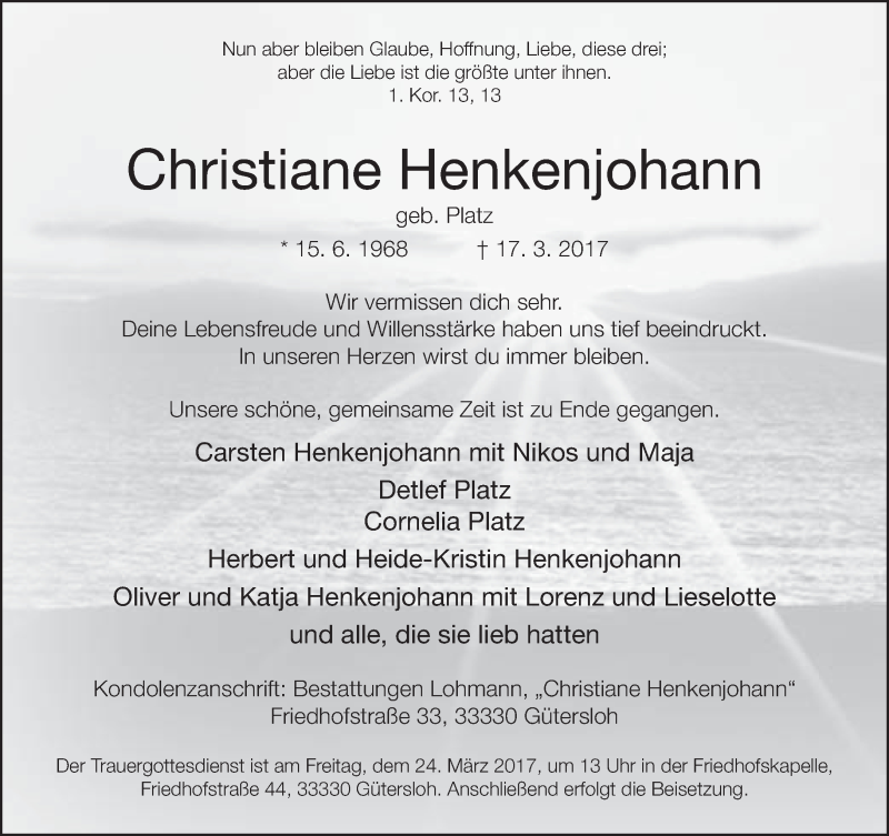  Traueranzeige für Christiane Henkenjohann vom 21.03.2017 aus Neue Westfälische