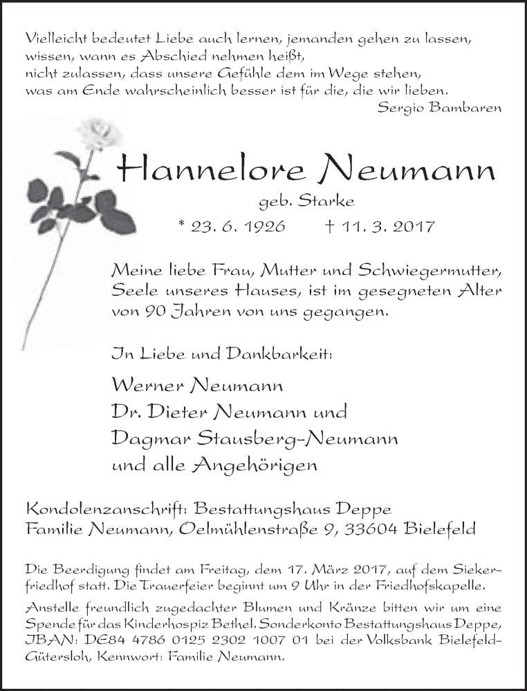  Traueranzeige für Hannelore Neumann vom 14.03.2017 aus Neue Westfälische