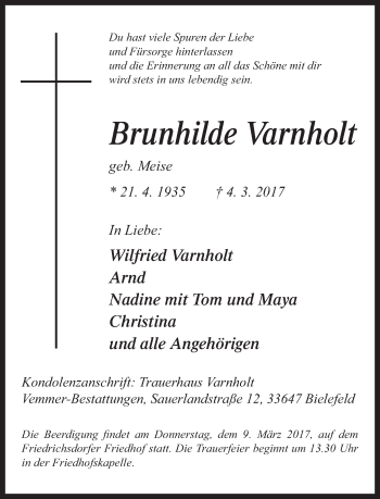 Traueranzeige von Brunhilde Varnholt von Neue Westfälische