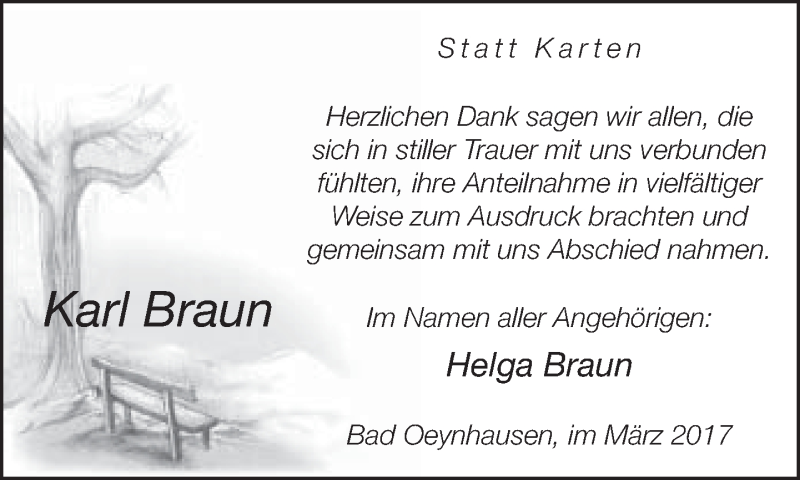  Traueranzeige für Karl Braun vom 11.03.2017 aus Neue Westfälische