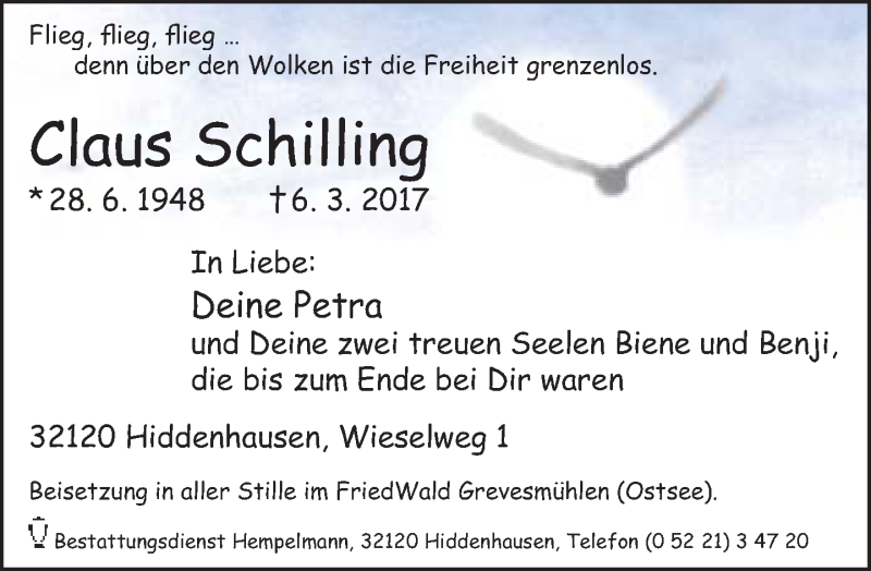 Traueranzeige für Claus Schilling vom 11.03.2017 aus Neue Westfälische
