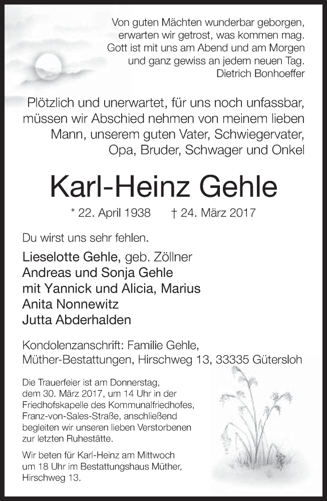  Traueranzeige für Karl-Heinz Gehle vom 28.03.2017 aus Neue Westfälische