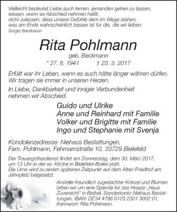 Traueranzeige von Rita Pohlmann von Neue Westfälische