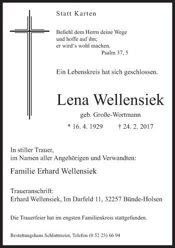 Traueranzeige von Lena Wellensiek von Neue Westfälische