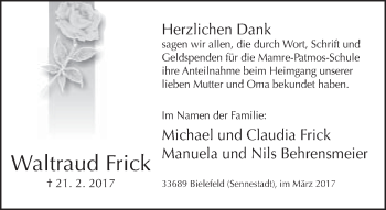 Traueranzeige von Waltraud Frick von Neue Westfälische