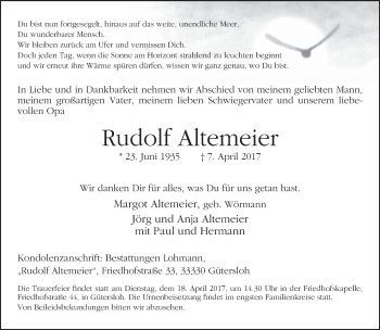 Traueranzeige von Rudolf Altemeier von Neue Westfälische