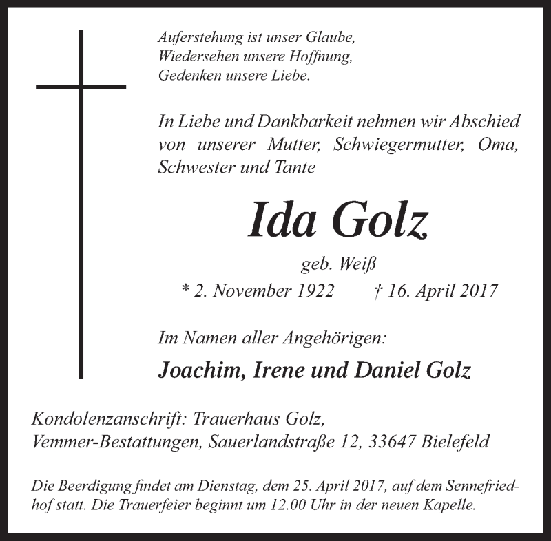  Traueranzeige für Ida Golz vom 22.04.2017 aus Neue Westfälische