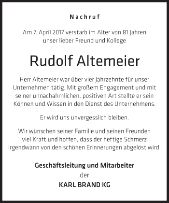 Traueranzeige von Rudolf Altemeier von Neue Westfälische