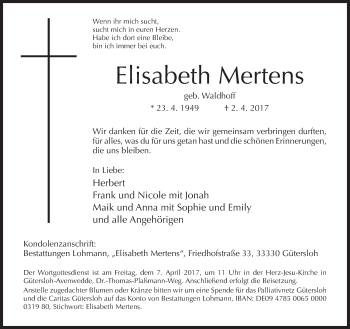 Traueranzeige von Elisabeth Mertens von Neue Westfälische
