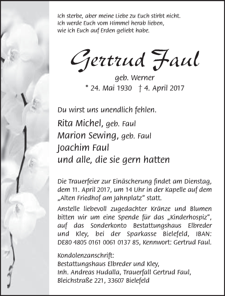  Traueranzeige für Gertrud Faul vom 08.04.2017 aus Neue Westfälische