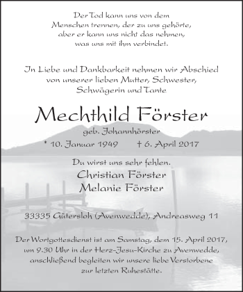 Traueranzeige von Mechthild Förster von Neue Westfälische