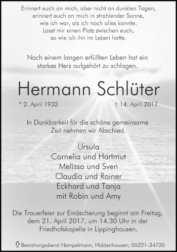 Traueranzeige von Hermann Schlüter von Neue Westfälische