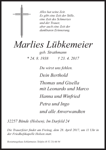 Traueranzeige von Marlies Lübkemeier von Neue Westfälische