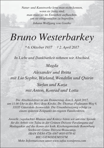 Traueranzeige von Bruno Westerbarkey von Neue Westfälische