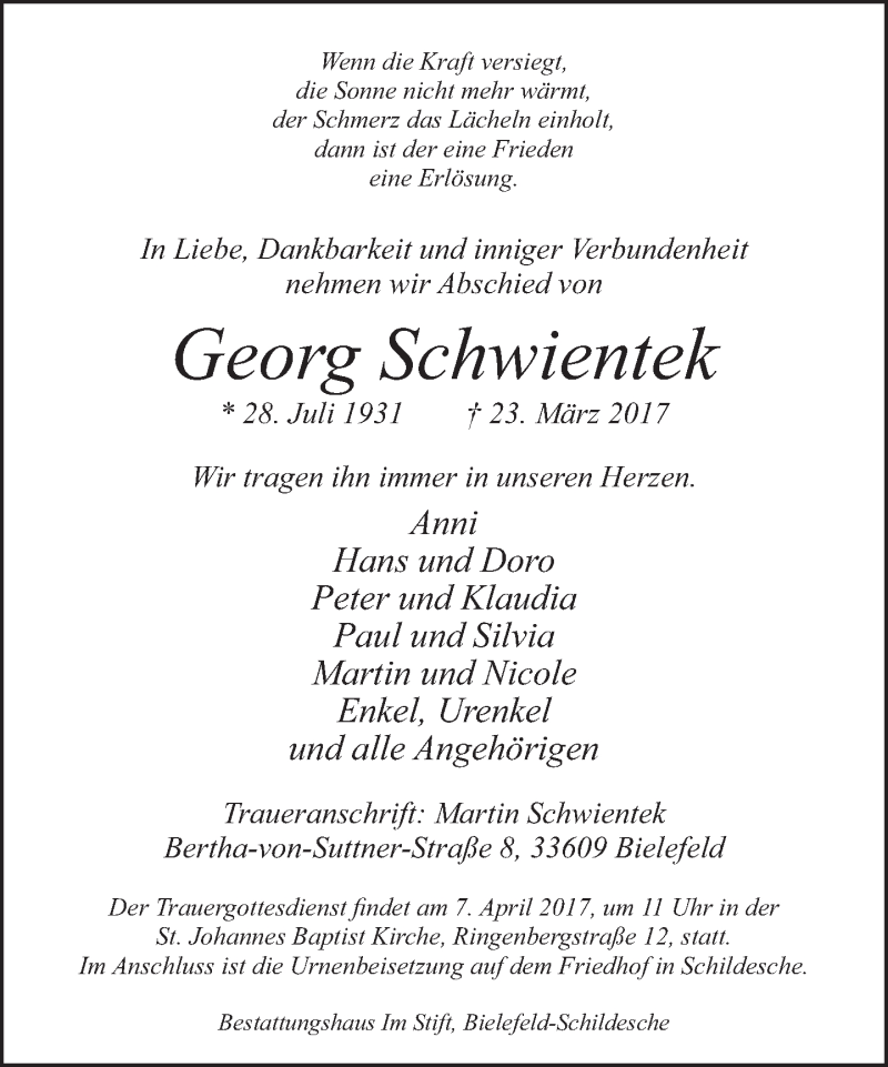  Traueranzeige für Georg Schwientek vom 01.04.2017 aus Neue Westfälische