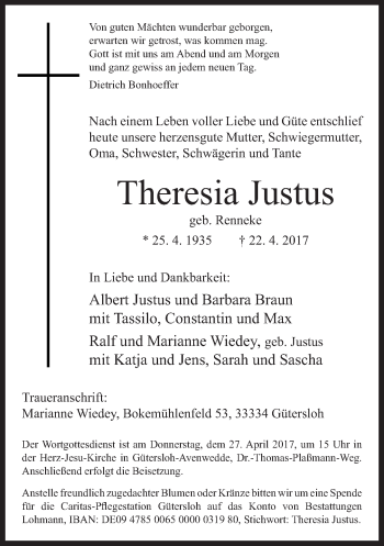Traueranzeige von Theresia Justus von Neue Westfälische