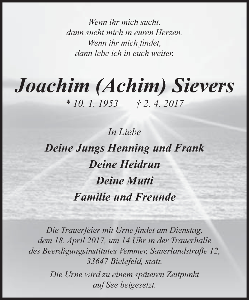  Traueranzeige für Joachim Sievers vom 08.04.2017 aus Neue Westfälische