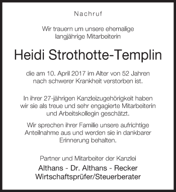 Traueranzeige von Heidi Strothotte-Templin von Neue Westfälische