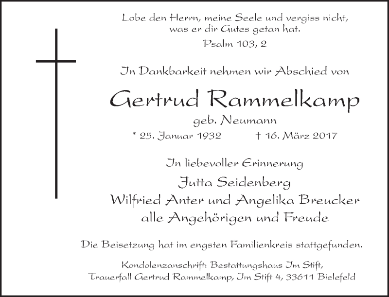  Traueranzeige für Gertrud Rammelkamp vom 01.04.2017 aus Neue Westfälische