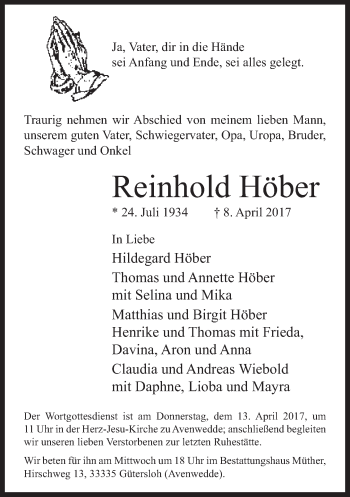 Traueranzeige von Reinhold Höber von Neue Westfälische