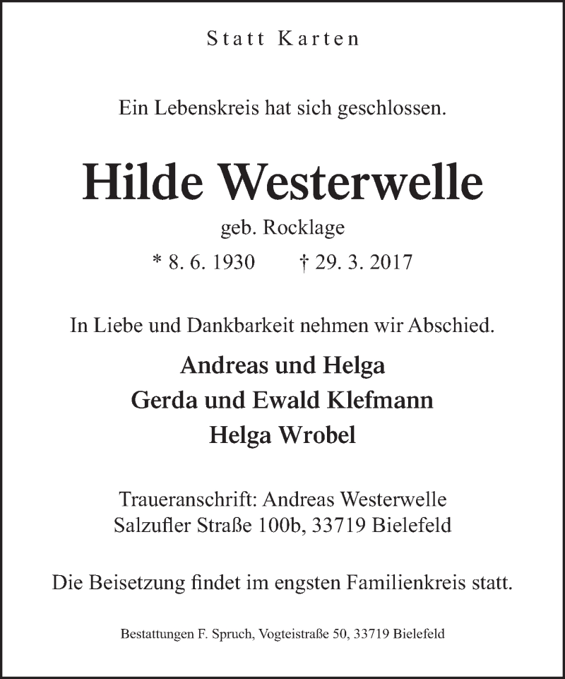  Traueranzeige für Hilde Westerwelle vom 01.04.2017 aus Neue Westfälische