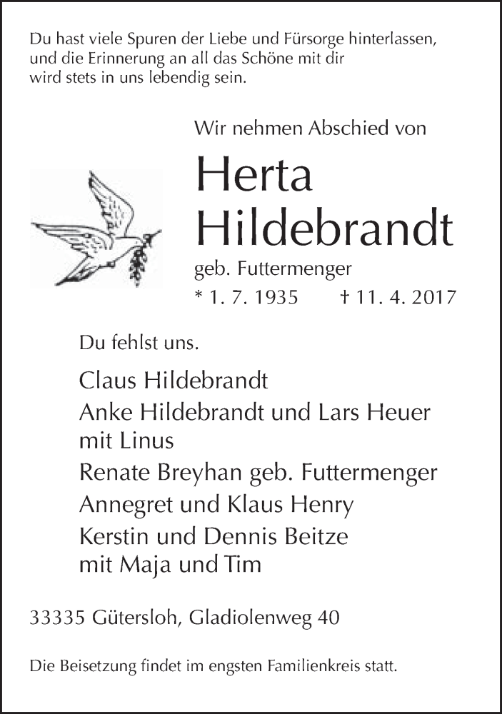  Traueranzeige für Herta Hildebrandt vom 14.04.2017 aus Neue Westfälische