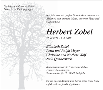 Traueranzeige von Herbert Zobel von Neue Westfälische