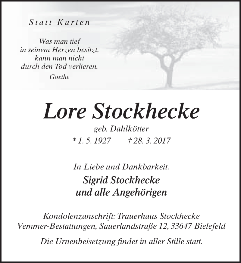  Traueranzeige für Lore Stockhecke vom 01.04.2017 aus Neue Westfälische