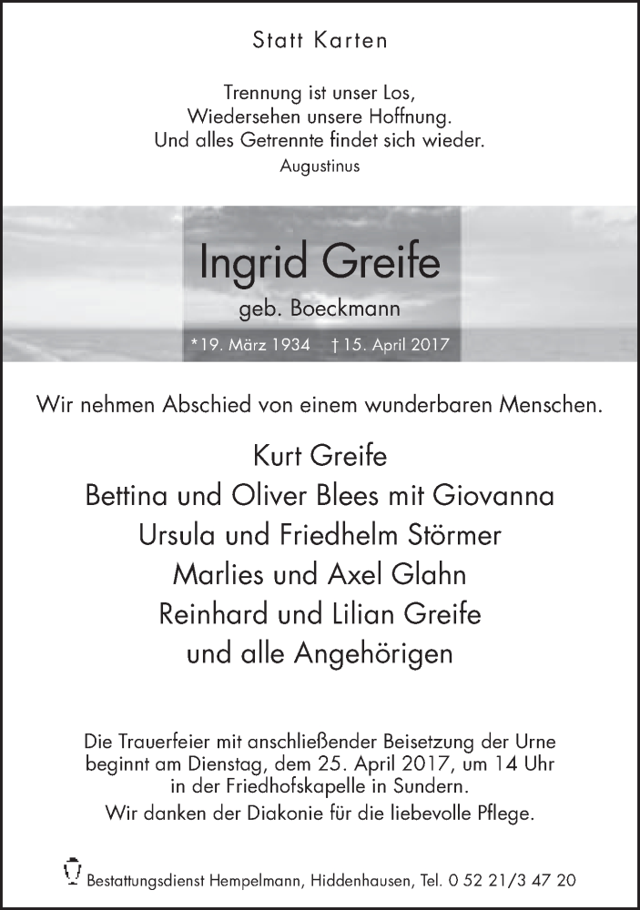  Traueranzeige für Ingrid Greife vom 22.04.2017 aus Neue Westfälische